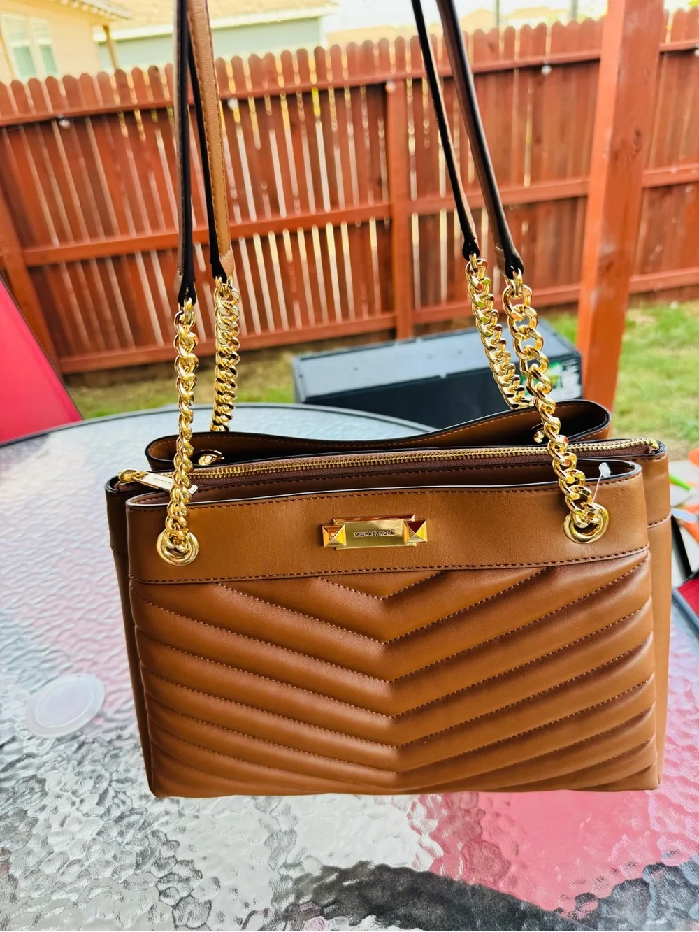 Michael Kors Brown Leather Shoulder Bag with Gold Accents